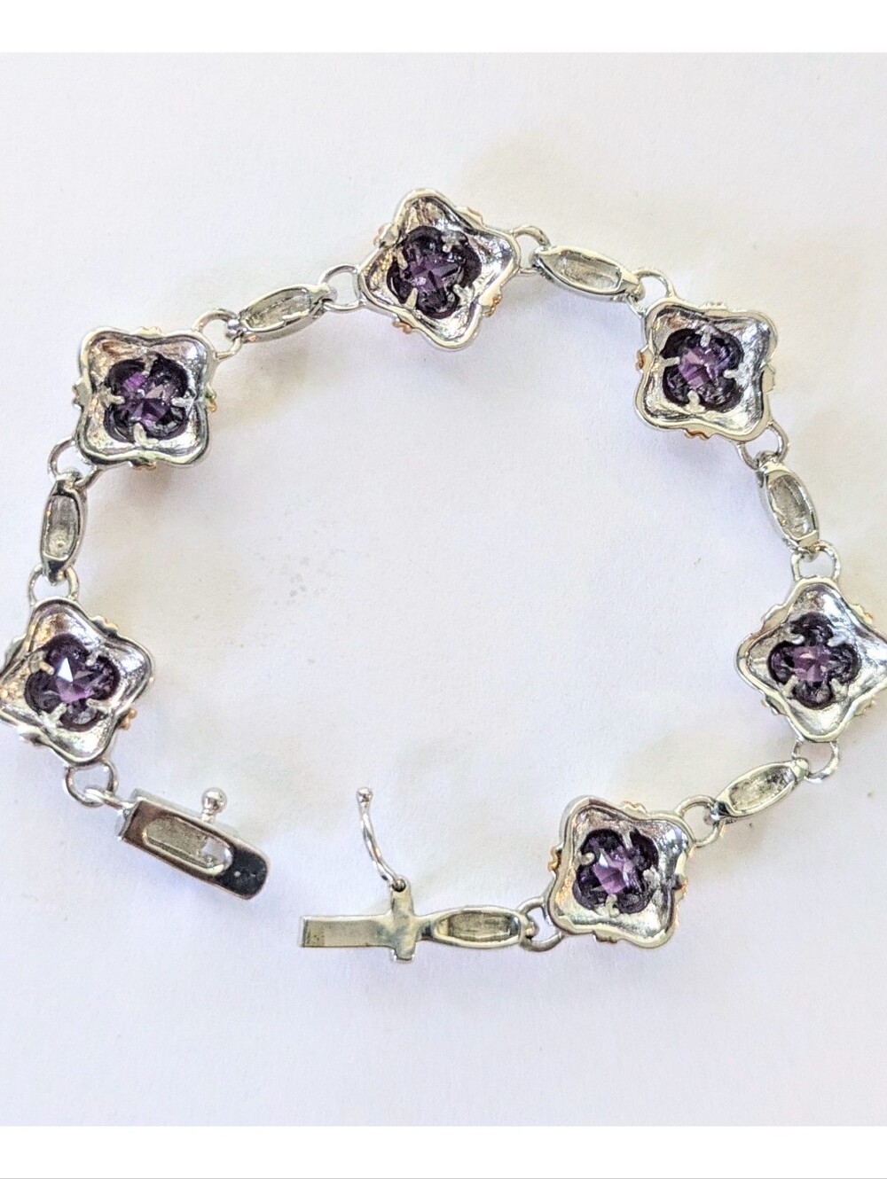 Vintage Silver Plated Gold Accent Purple Crystal Clover Station Link Bracelet 7" - Picture 4 of 9